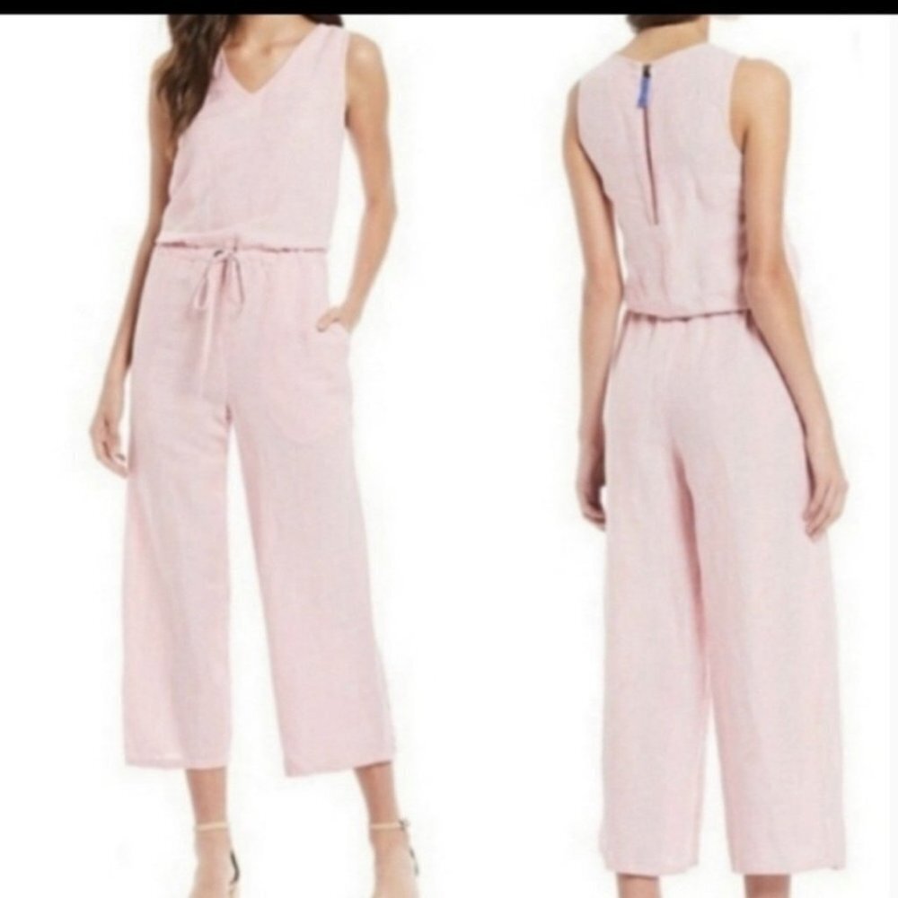 JOULES Angela Linen Wide Leg Crop stripe Jumpsuit pink white linen 12